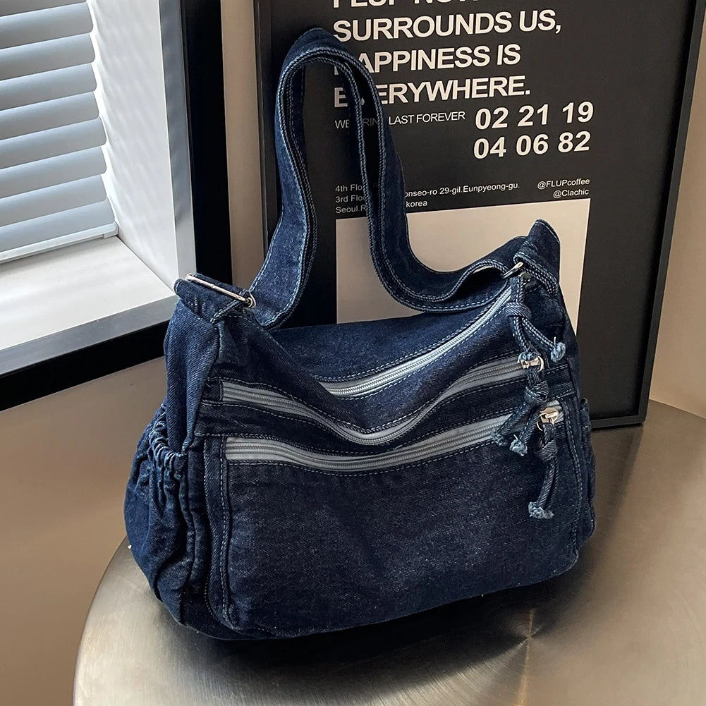 Women Casual Large Capacity Denim Messenger Bag Adjustable Strap