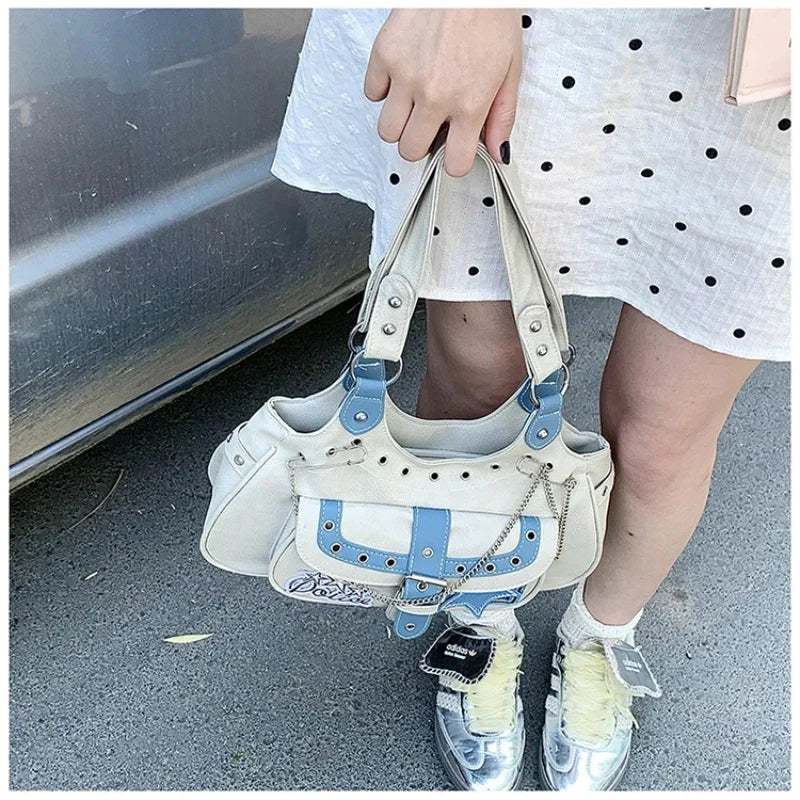 Gothic Punk Y2K One Shoulder Tote Bag, Harajuku Aesthetic Leather Patchwork Casual Handbag.