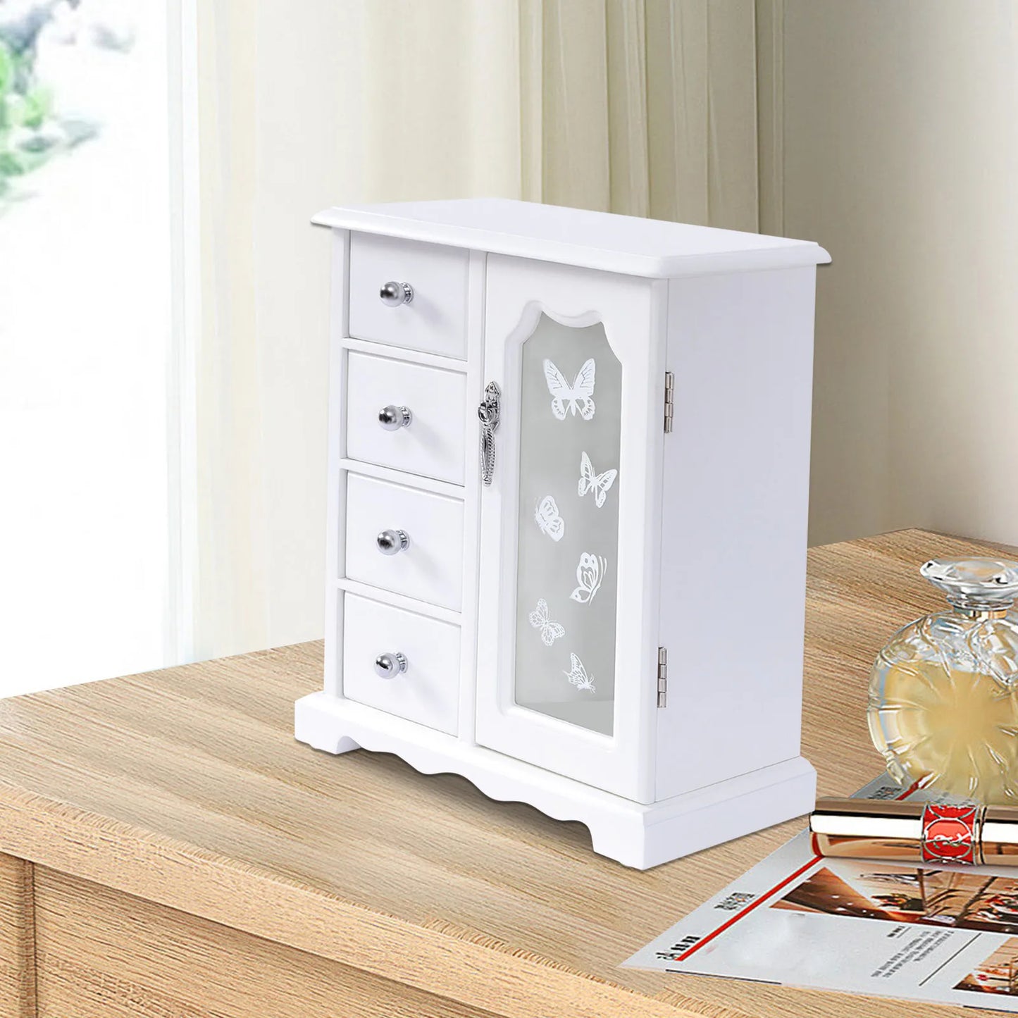 Jewelry Box with 4 Drawers Organizer and Built-in Necklace Carousel and Large Mirror, Jewelry Storage Box White