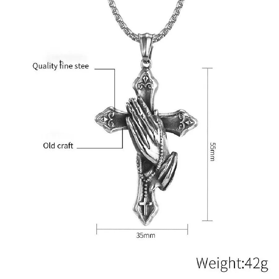 Praying Hands Necklace Black Stainless Steel Cross Box Chain