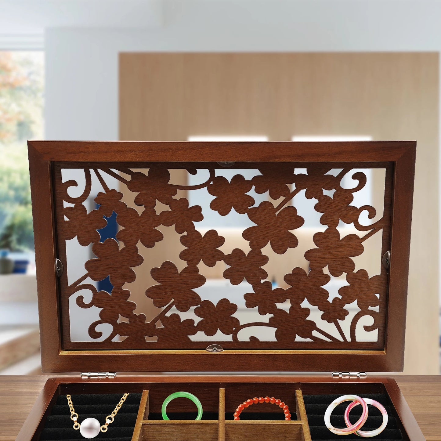6-Tier Walnut Jewelry Box, Wooden Jewelry Organizer for Earrings Necklaces Rings Bracelets
