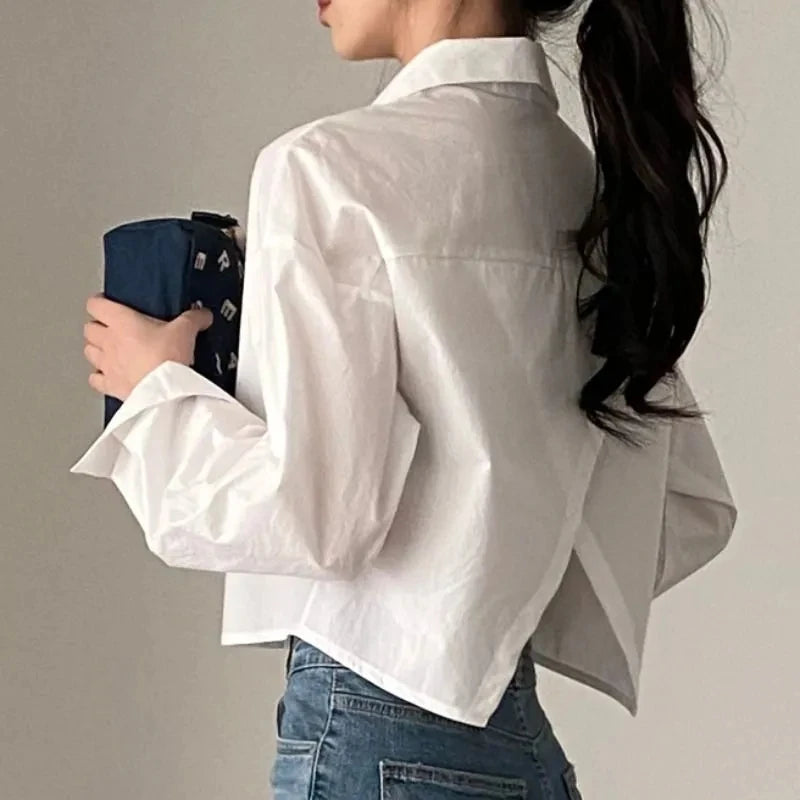 Spring New Casual Long Sleeve Women White Shirt Solid Button Split Woman Crop Tops