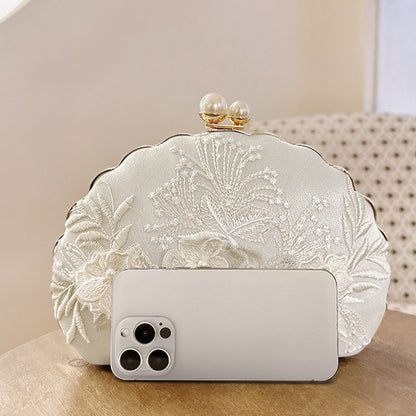 Shell Clip Evening Clutch, Fashion White Embroidered Lace