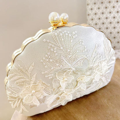 Shell Clip Evening Clutch, Fashion White Embroidered Lace