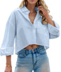 Women Cropped Button Down Shirt Long Sleeve Casual Work Crop Top With Chest Pocket Collared