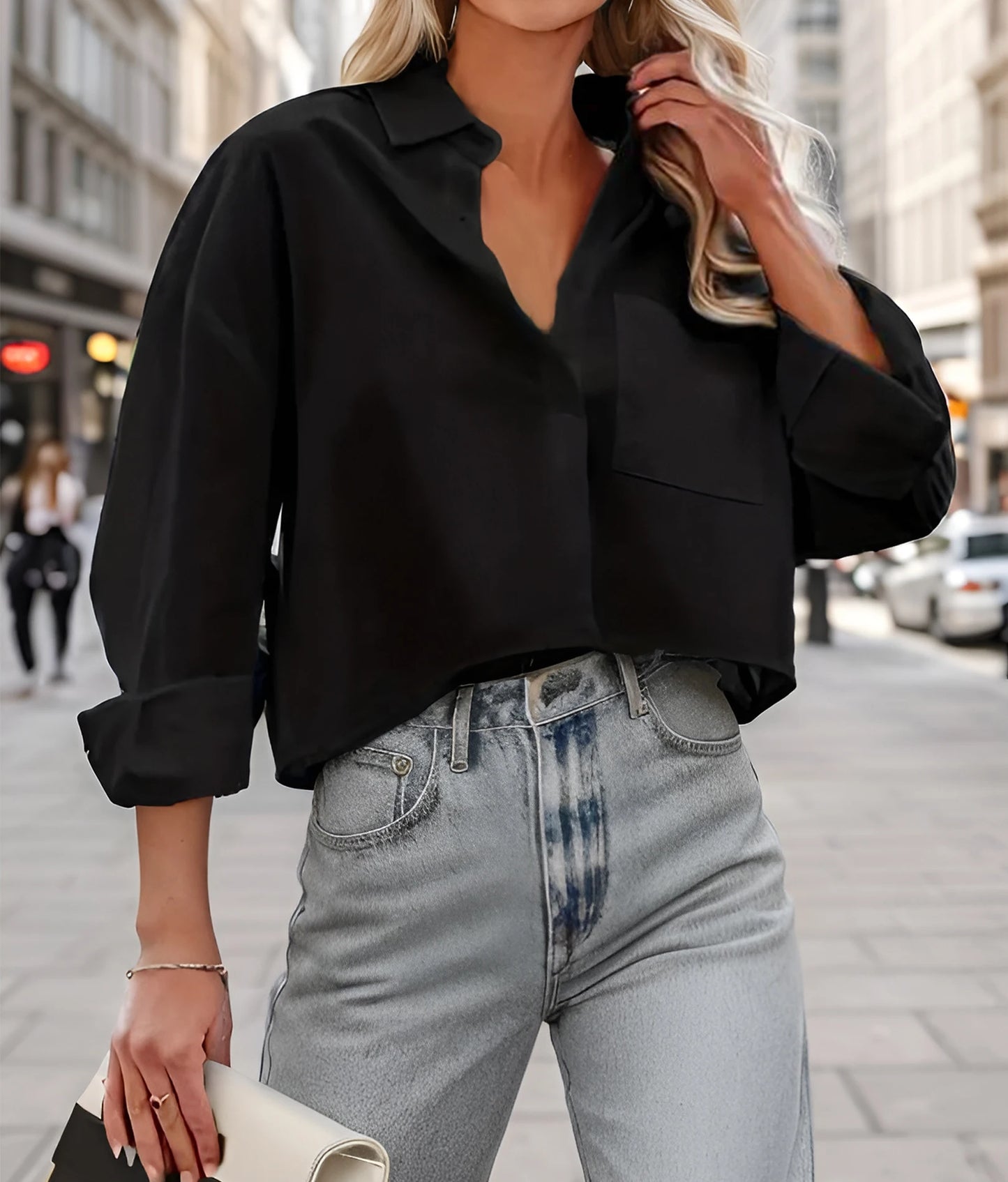 Women Cropped Button Down Shirt Long Sleeve Casual Work Crop Top With Chest Pocket Collared