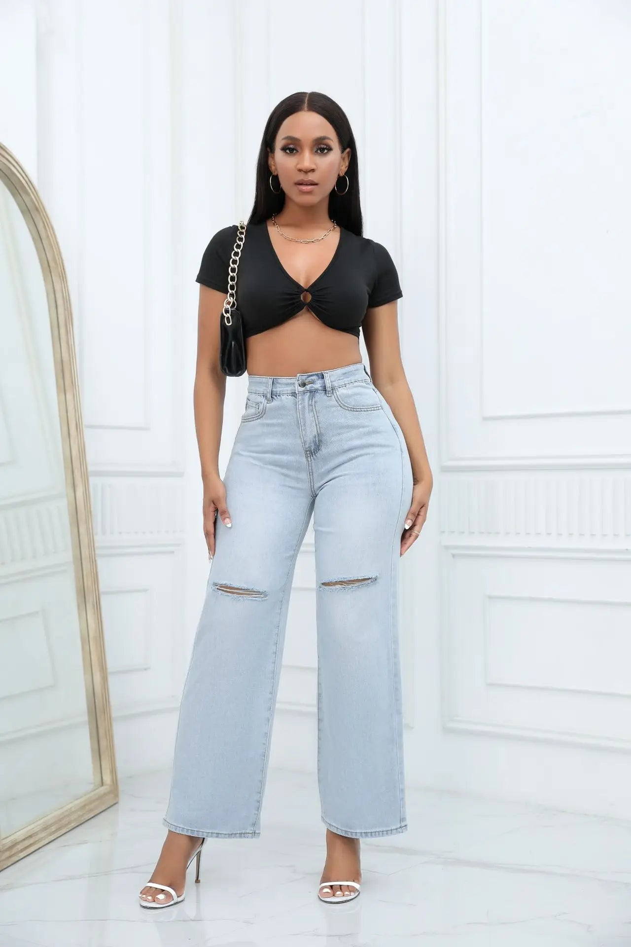 Women's Mid-Waist Ripped Jeans