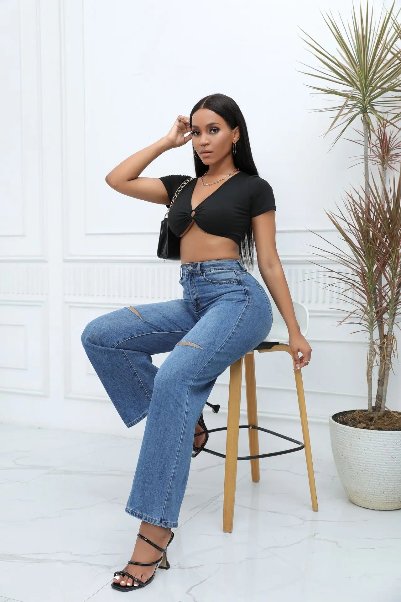 Women's Mid-Waist Ripped Jeans