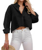 Women Cropped Button Down Shirt Long Sleeve Casual Work Crop Top With Chest Pocket Collared
