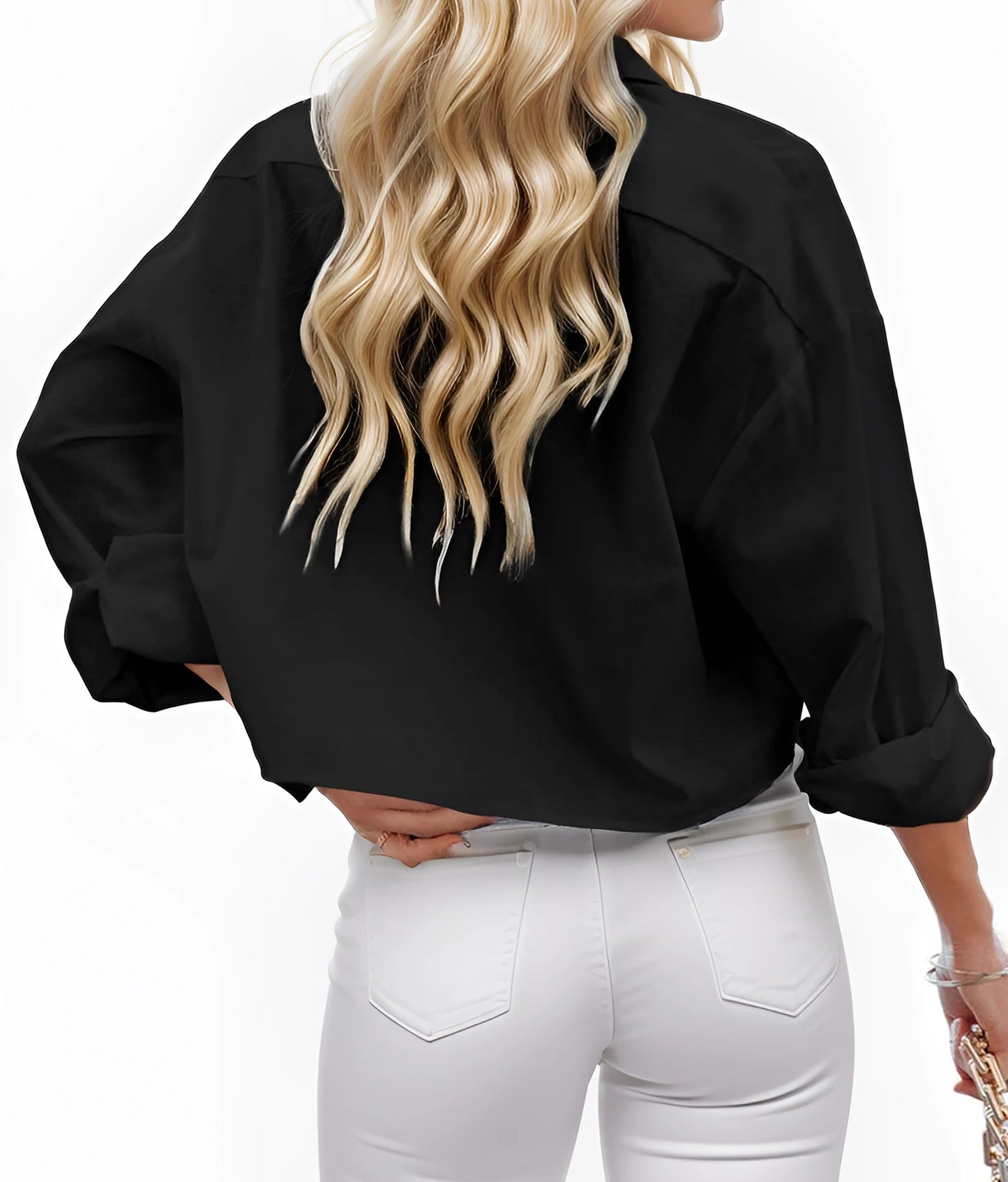 Women Cropped Button Down Shirt Long Sleeve Casual Work Crop Top With Chest Pocket Collared