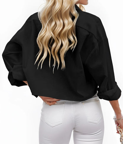Women Cropped Button Down Shirt Long Sleeve Casual Work Crop Top With Chest Pocket Collared