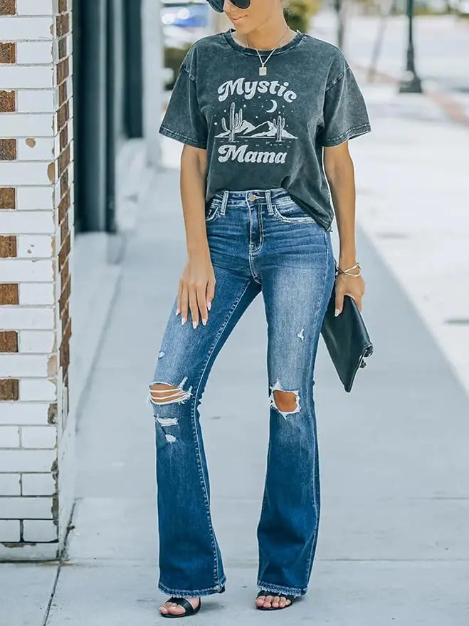 Women's Flare Bell Bottom Jeans High Waisted Wide Leg Bootcut Stretchy Denim