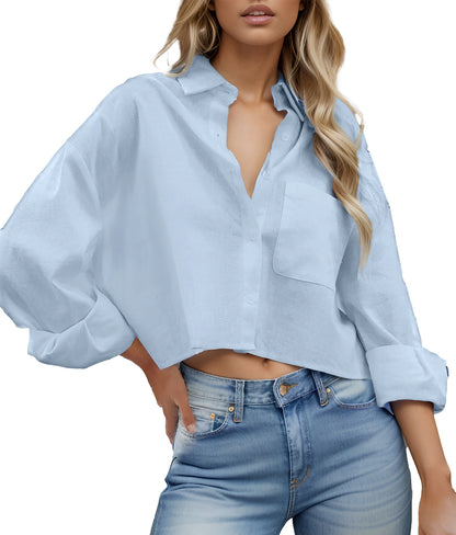 Women Cropped Button Down Shirt Long Sleeve Casual Work Crop Top With Chest Pocket Collared