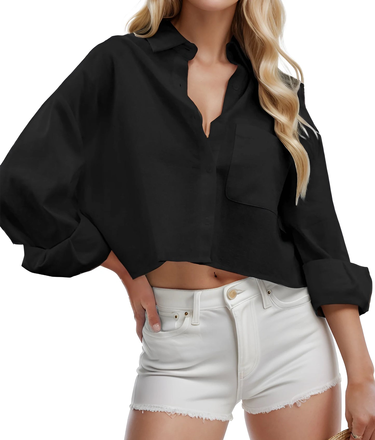 Women Cropped Button Down Shirt Long Sleeve Casual Work Crop Top With Chest Pocket Collared
