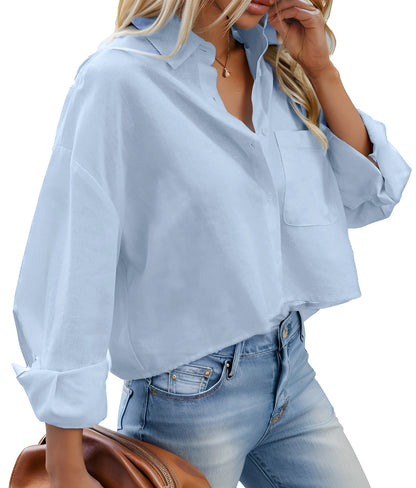 Women Cropped Button Down Shirt Long Sleeve Casual Work Crop Top With Chest Pocket Collared