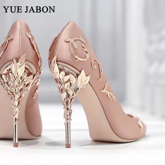 Luxury Leaves Metal Heel Women Shoes Pointed Toe Blue White Pink Black Silk Stiletto High Heels