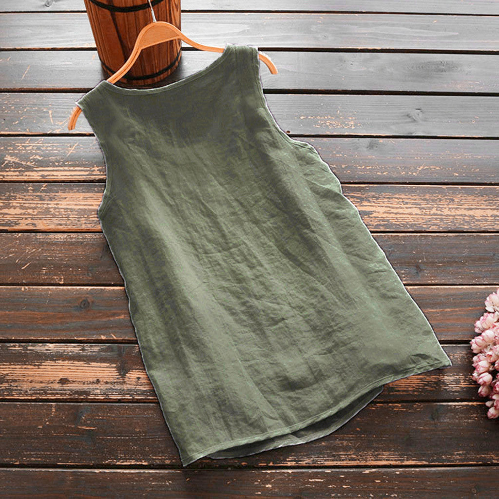 Womens Plus Size Sleeveless Cotton Linen Top Tunic
