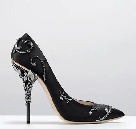 Luxury Leaves Metal Heel Women Shoes Pointed Toe Blue White Pink Black Silk Stiletto High Heels