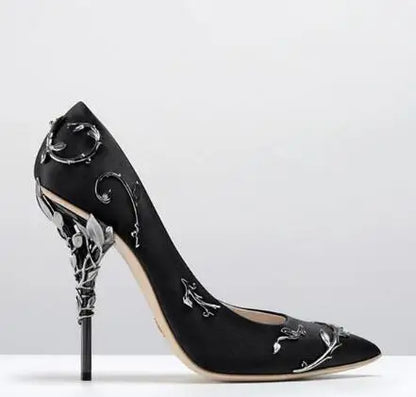 Luxury Leaves Metal Heel Women Shoes Pointed Toe Blue White Pink Black Silk Stiletto High Heels