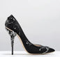 Luxury Leaves Metal Heel Women Shoes Pointed Toe Blue White Pink Black Silk Stiletto High Heels