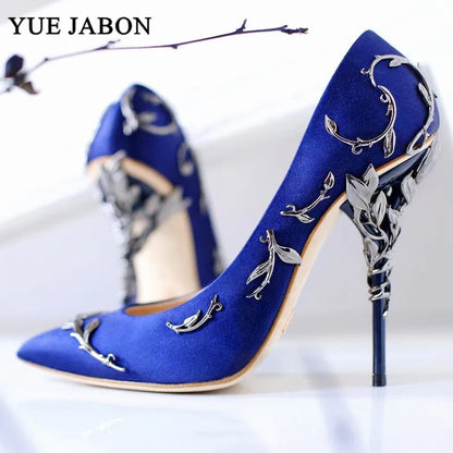 Luxury Leaves Metal Heel Women Shoes Pointed Toe Blue White Pink Black Silk Stiletto High Heels