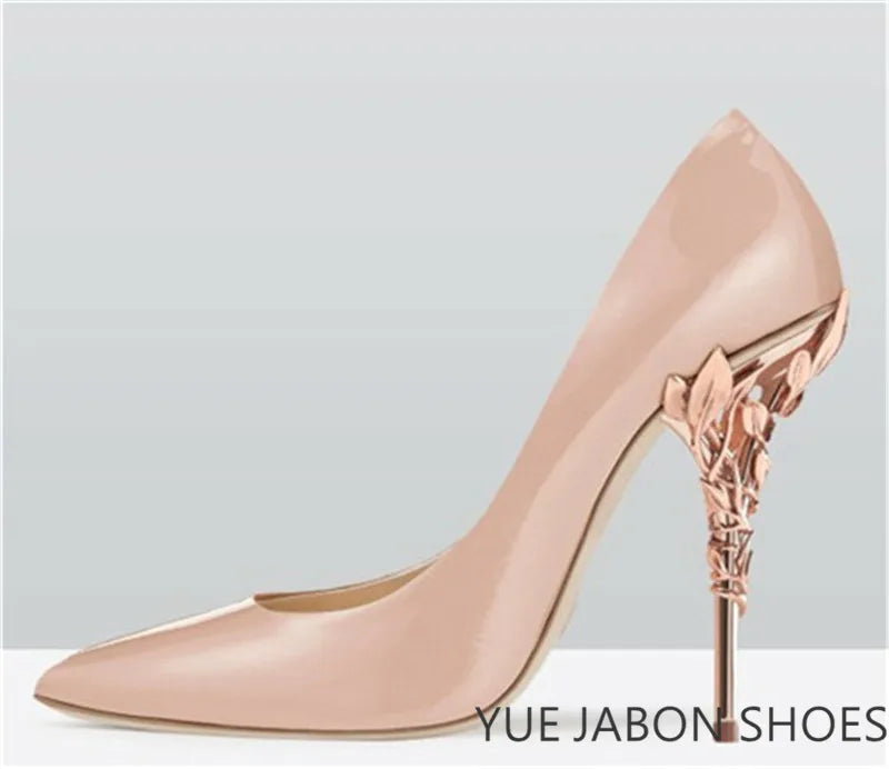 Luxury Leaves Metal Heel Women Shoes Pointed Toe Blue White Pink Black Silk Stiletto High Heels