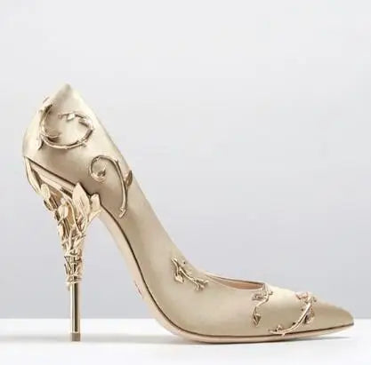 Luxury Leaves Metal Heel Women Shoes Pointed Toe Blue White Pink Black Silk Stiletto High Heels