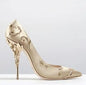 Luxury Leaves Metal Heel Women Shoes Pointed Toe Blue White Pink Black Silk Stiletto High Heels