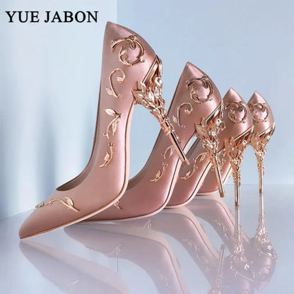 Luxury Leaves Metal Heel Women Shoes Pointed Toe Blue White Pink Black Silk Stiletto High Heels