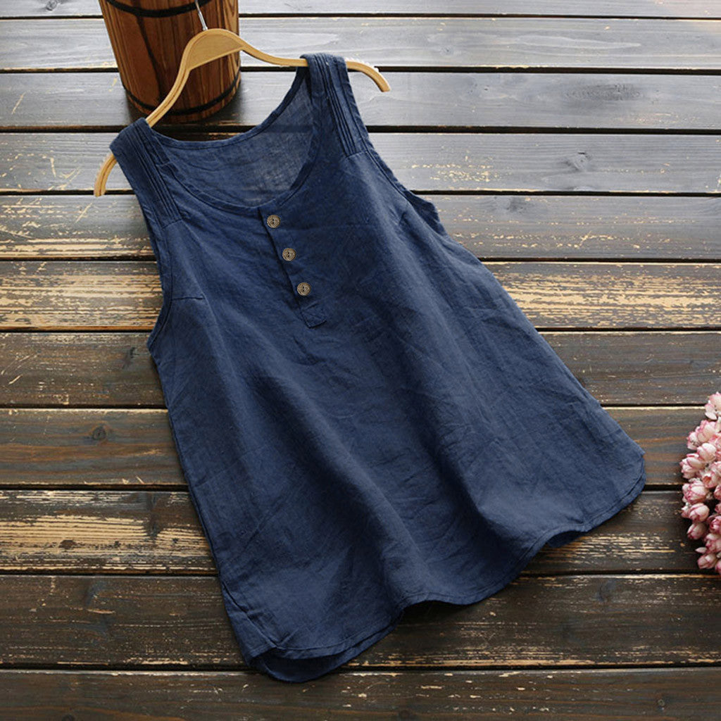 Womens Plus Size Sleeveless Cotton Linen Top Tunic