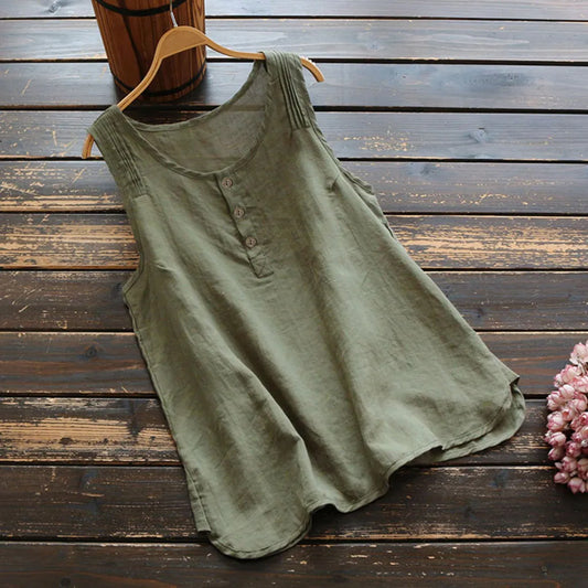 Womens Plus Size Sleeveless Cotton Linen Top Tunic