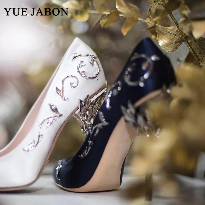 Luxury Leaves Metal Heel Women Shoes Pointed Toe Blue White Pink Black Silk Stiletto High Heels