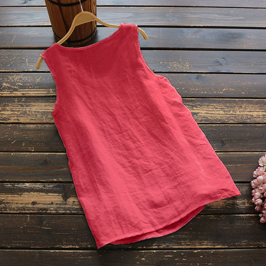 Womens Plus Size Sleeveless Cotton Linen Top Tunic