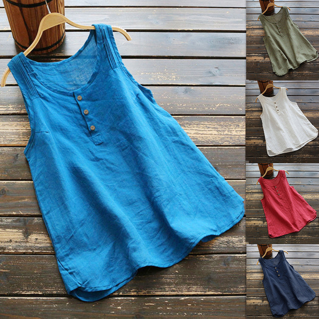 Womens Plus Size Sleeveless Cotton Linen Top Tunic