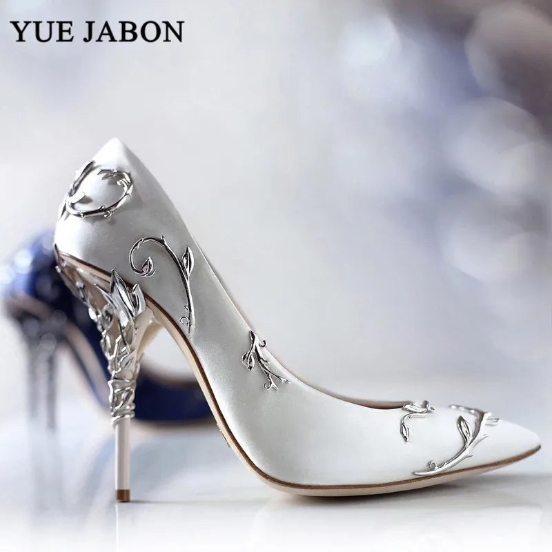 Luxury Leaves Metal Heel Women Shoes Pointed Toe Blue White Pink Black Silk Stiletto High Heels