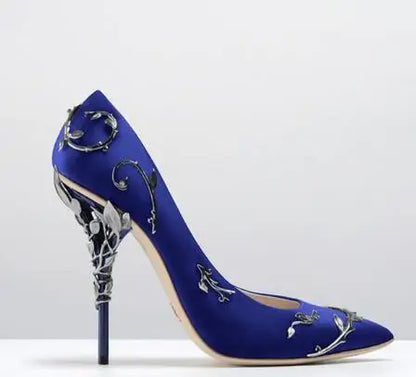 Luxury Leaves Metal Heel Women Shoes Pointed Toe Blue White Pink Black Silk Stiletto High Heels
