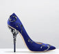 Luxury Leaves Metal Heel Women Shoes Pointed Toe Blue White Pink Black Silk Stiletto High Heels