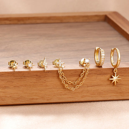 6PCS Fashion Cute Zircon Flower Ear Stud 18K Gold Plated Star Ear Stud Earrings