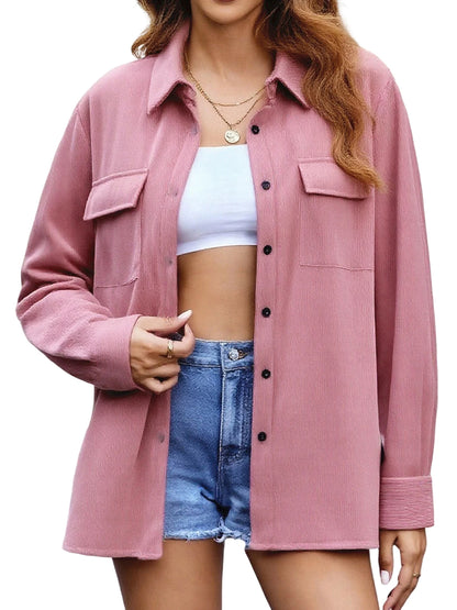 Women s Plus Size Long Sleeve Lapel Neck Button Down Solid Color Blouse