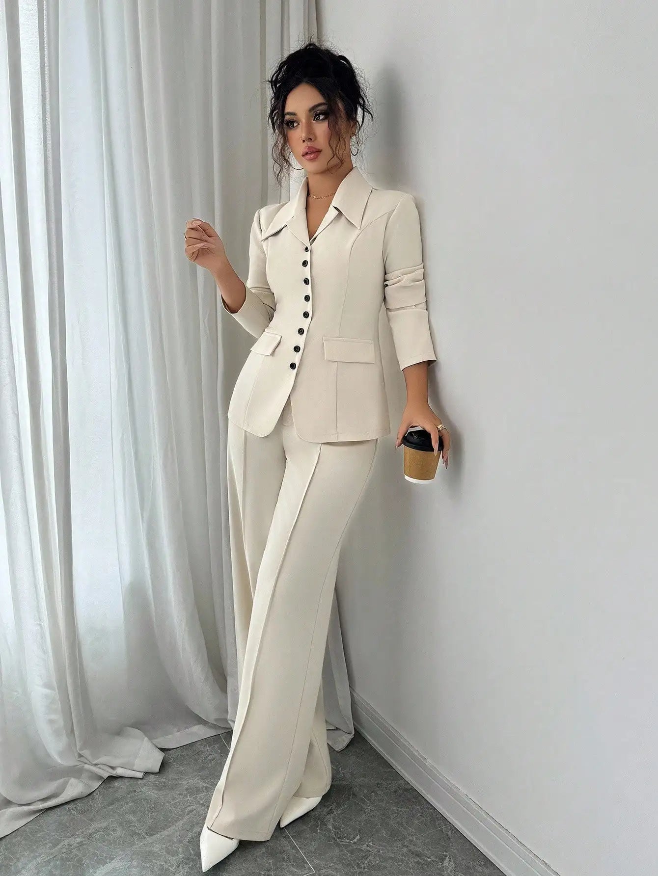 Cream Solid Color Tailored Blazer & Wide Leg Pants 2-Piece Set, V-Neck, Contrast Buttons,