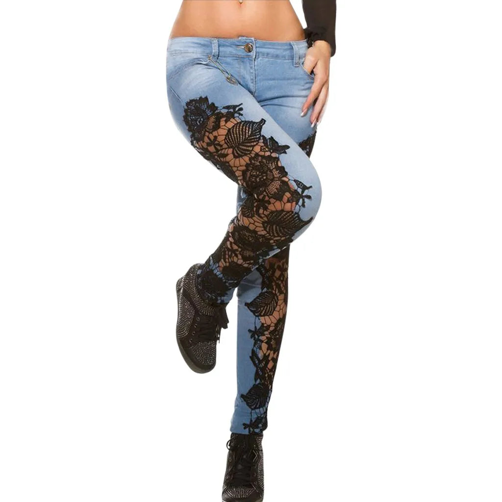 Hollow Out Floral Lace Pants Low Waist Slim Pencil Denim Jeans