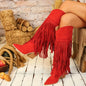 Women's Retro Fringe Knee High Cowboy Boots Fashion Pointed Toe Block Chunky High Heel Pull on
