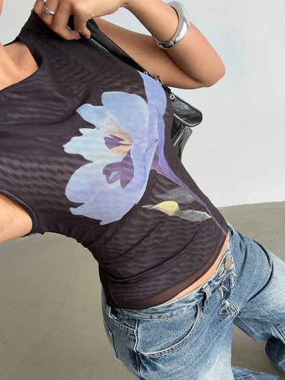 Black Floral Mesh Crop Top for Women, Sheer Sleeveless Summer Shirt