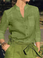 Women's White Linen Blend Button-Up Blouse with V-Neck and Chest Pocket