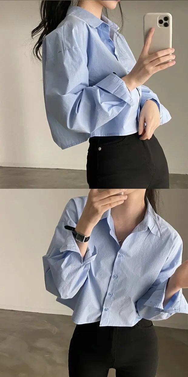 Spring New Casual Long Sleeve Women White Shirt Solid Button Split Woman Crop Tops