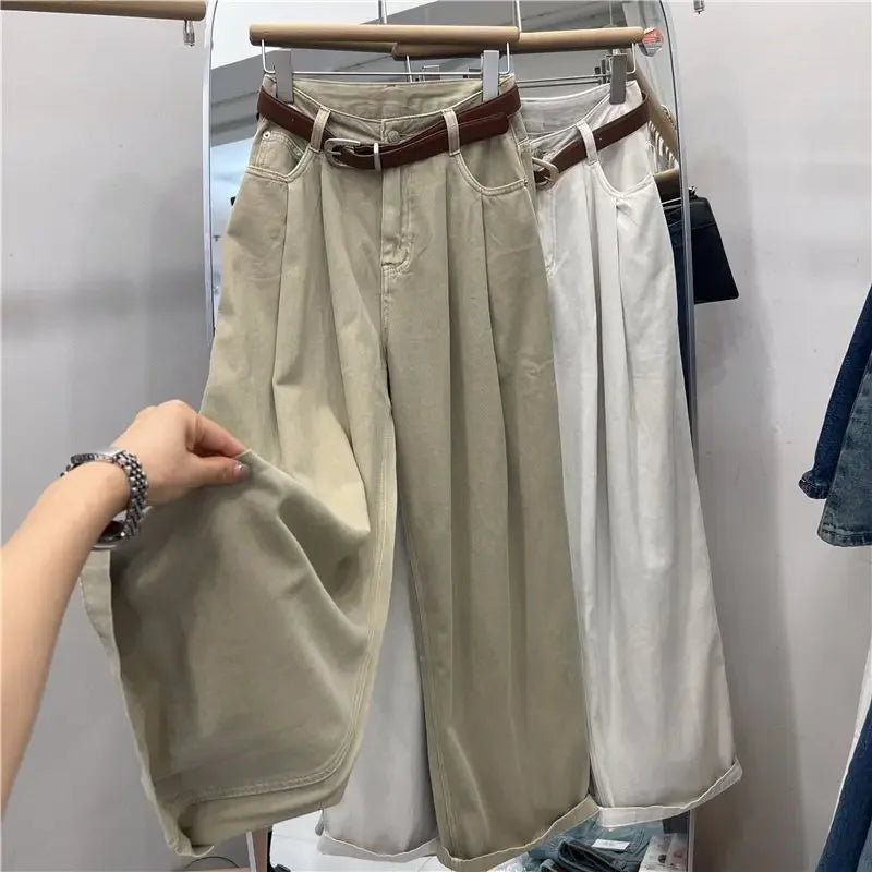 Khaki Color Women's High Waist Straight Leg Jeans Pear Shape Body Slimming Harlan Wide Leg Pant