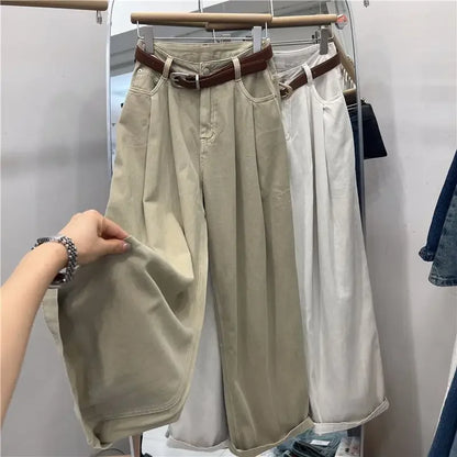 Khaki Color Women's High Waist Straight Leg Jeans Pear Shape Body Slimming Harlan Wide Leg Pant