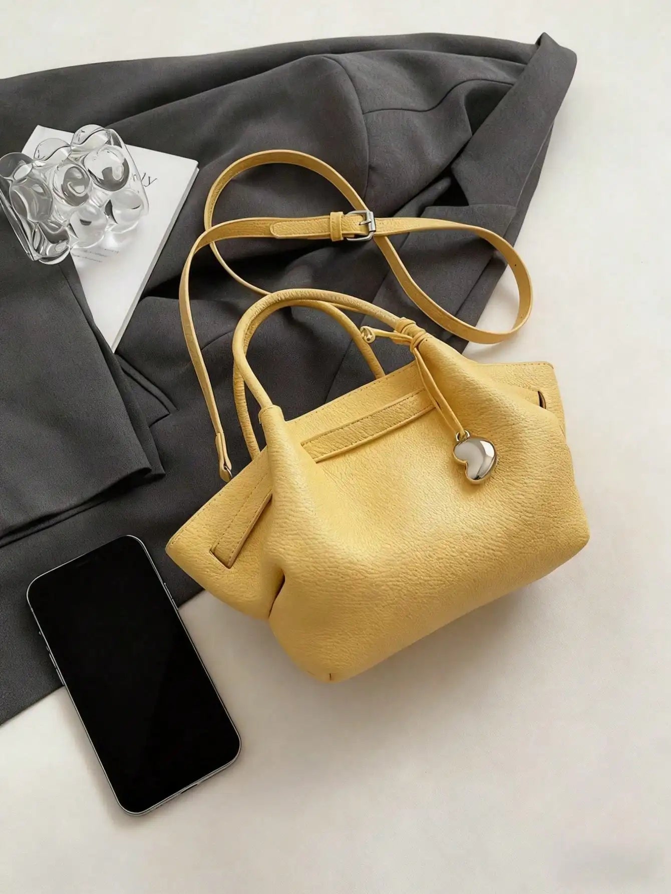 Bright Yellow Textured Leather Top-Handle Tote Bag, Large Capacity Casual Shoulder Crossbody