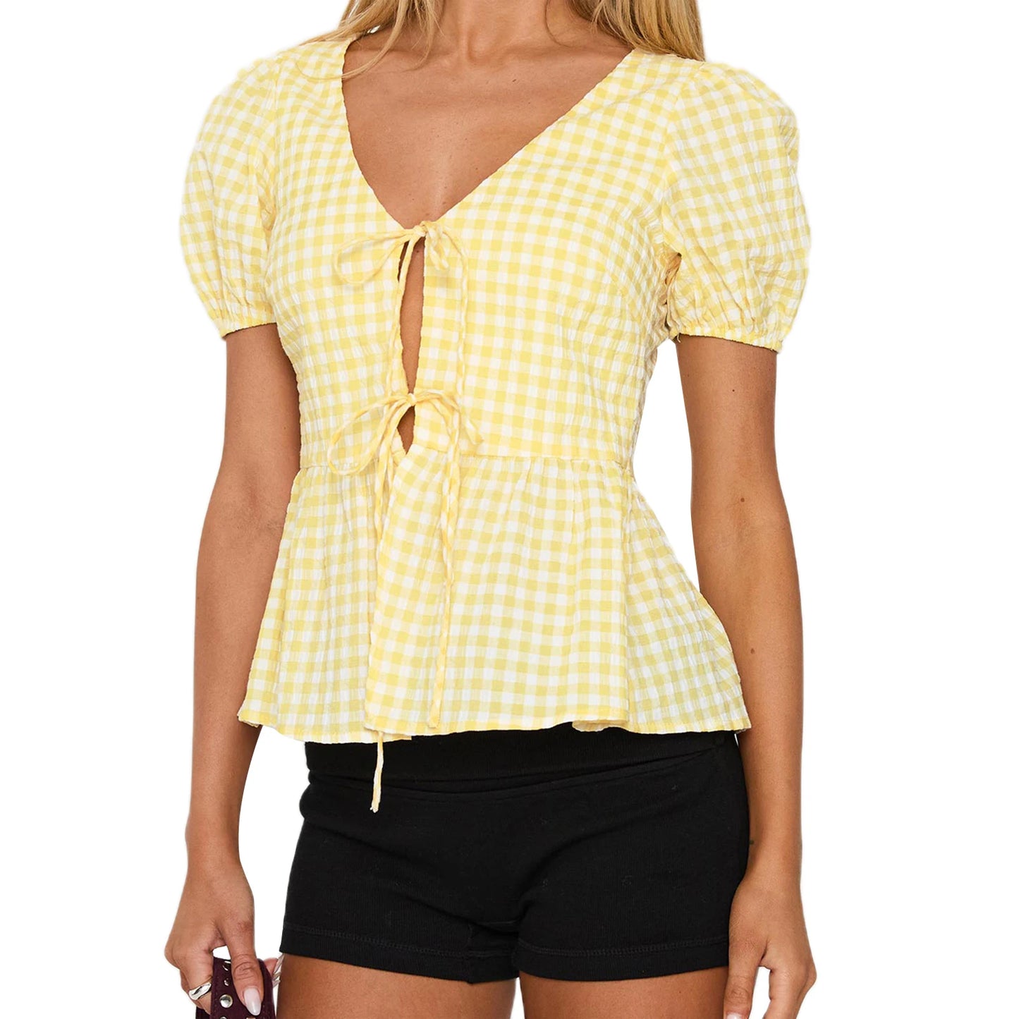 Women s Plaid Print Tie-Front Blouse with Short Sleeves and V-Neckline