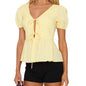 Women s Plaid Print Tie-Front Blouse with Short Sleeves and V-Neckline